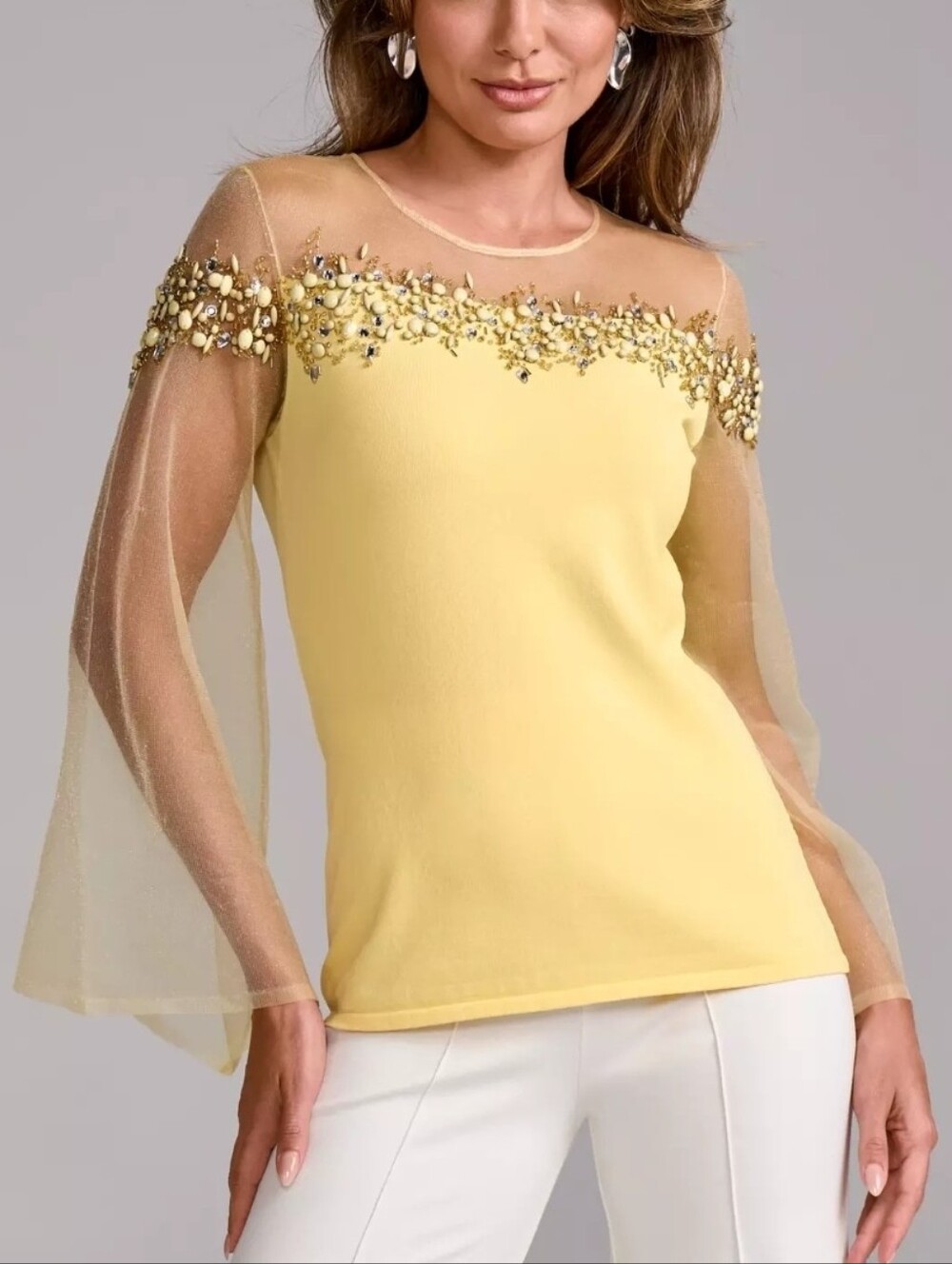 Boston Proper Yellow Embellished Mesh-Sleeve Women's Top